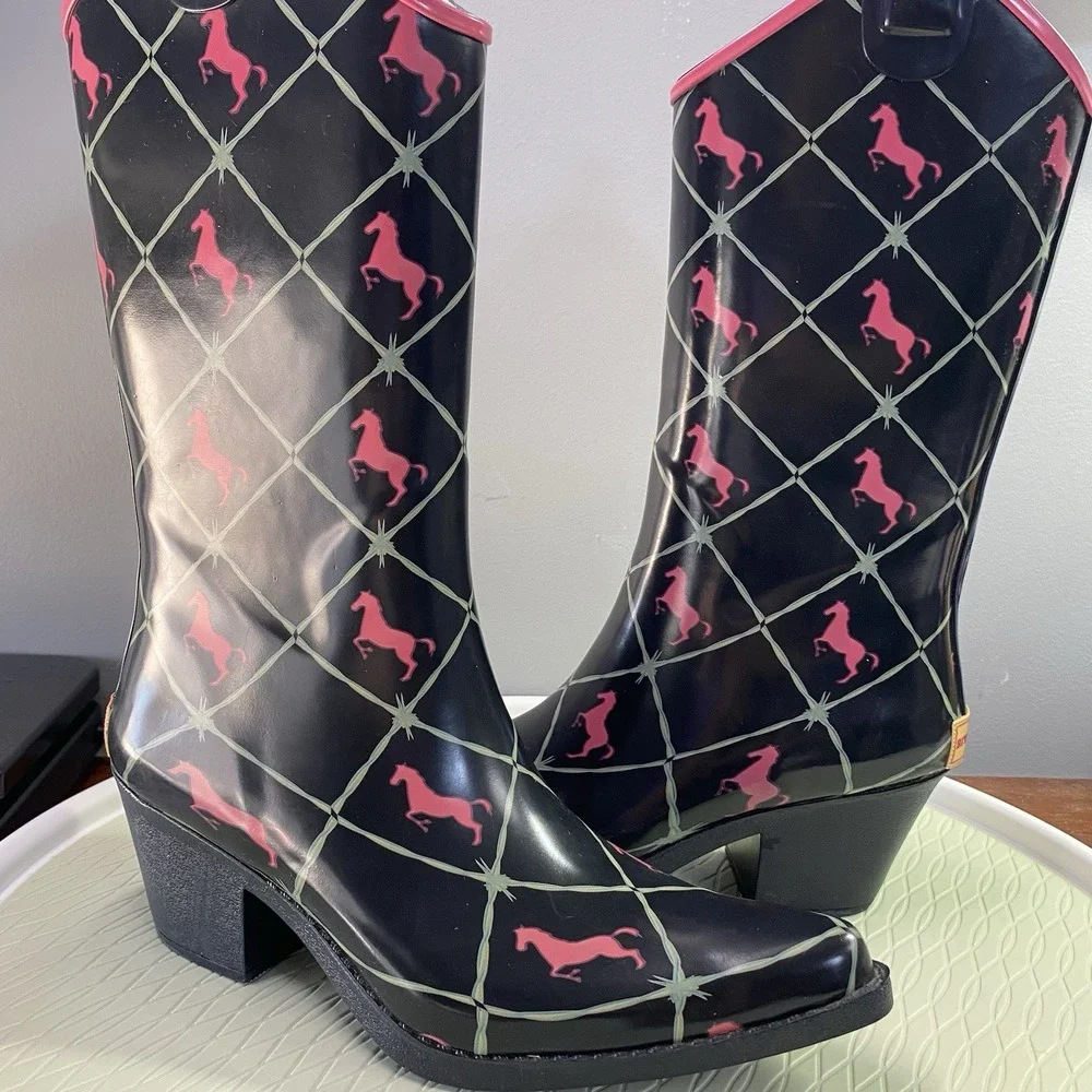 Bit & Bridle Black Rain Boots with Pink Horse Pattern